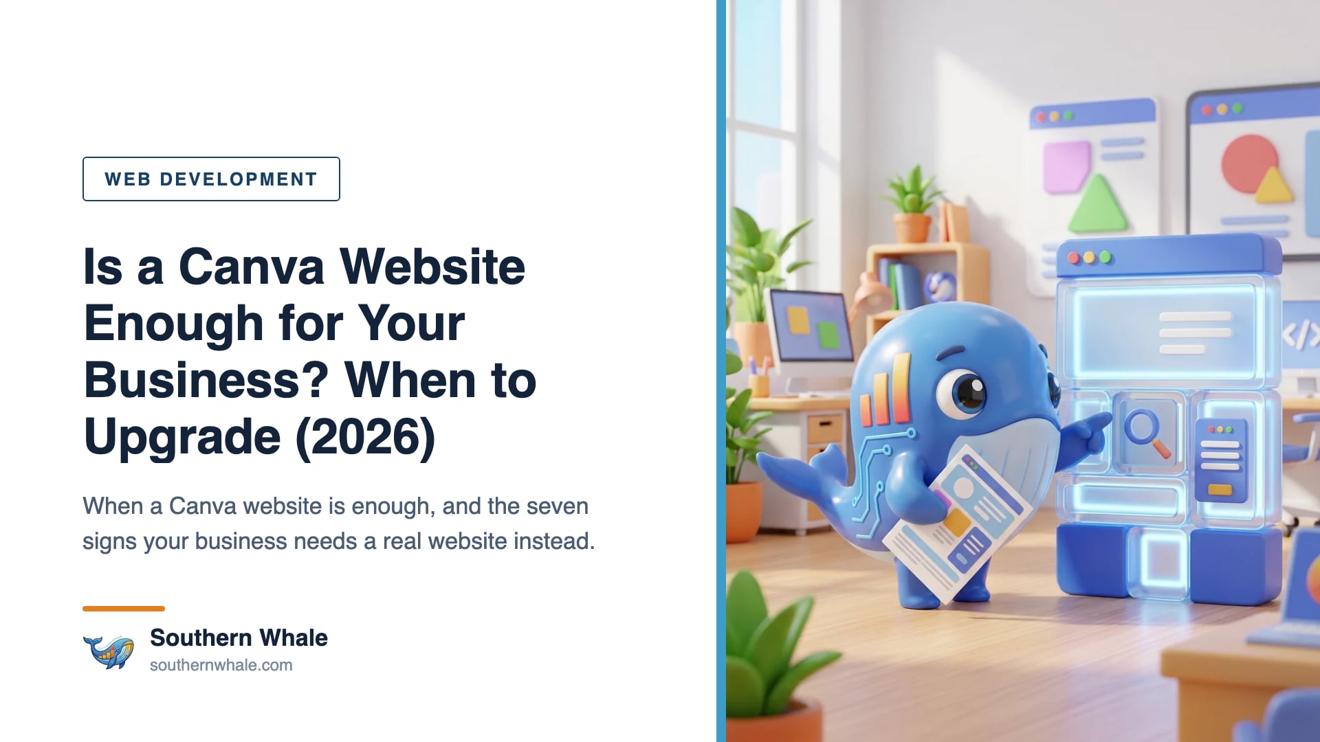 Cute whale mascot standing between a slide-style Canva web page and a real business website with menus, forms and a search graph