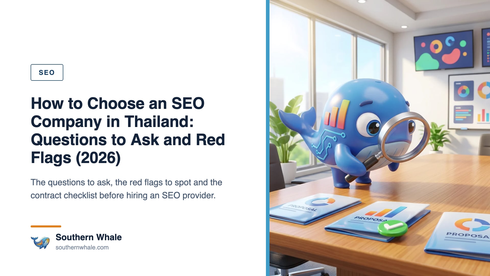 Southern Whale mascot sitting at a modern meeting table holding a clipboard checklist comparing SEO providers next to a screen showing a growth chart