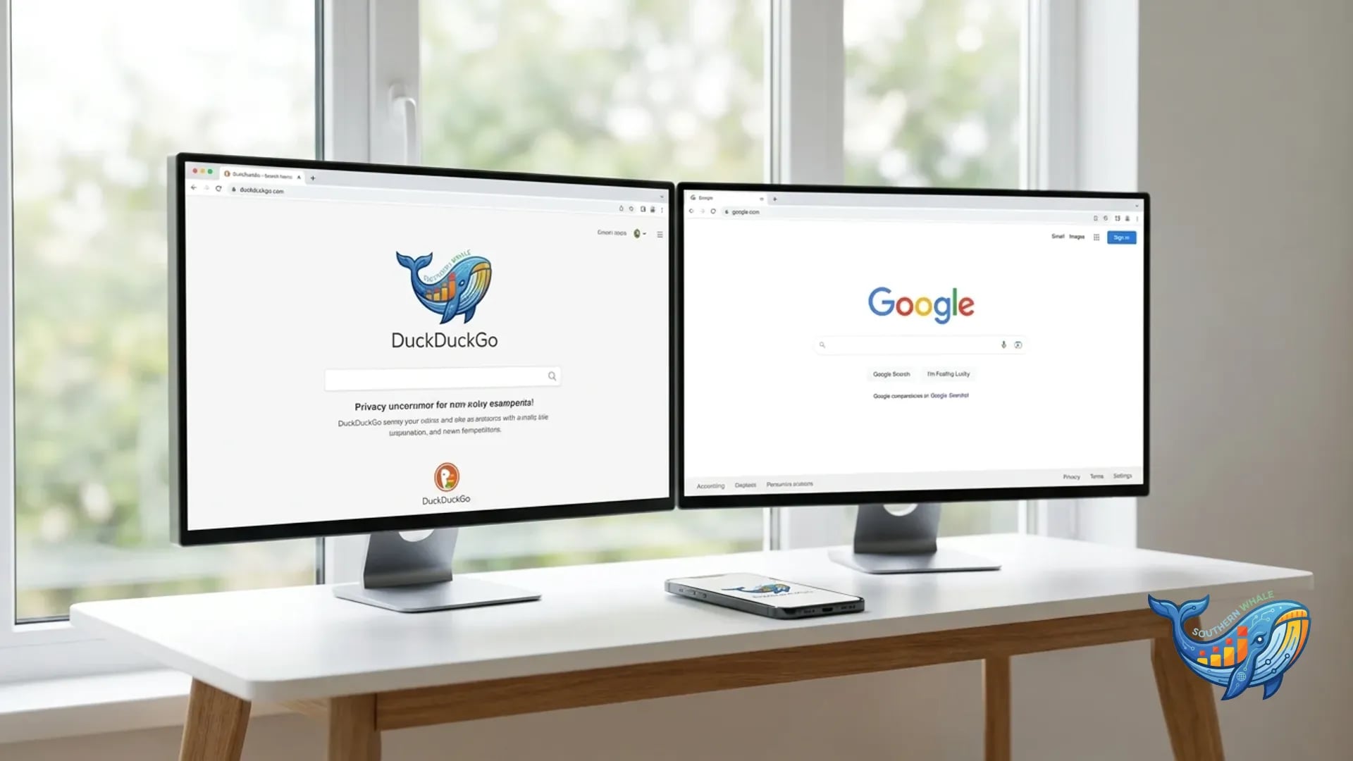 DuckDuckGo logo เปรียบเทียบกับ Google สำหรับ Privacy-First Search