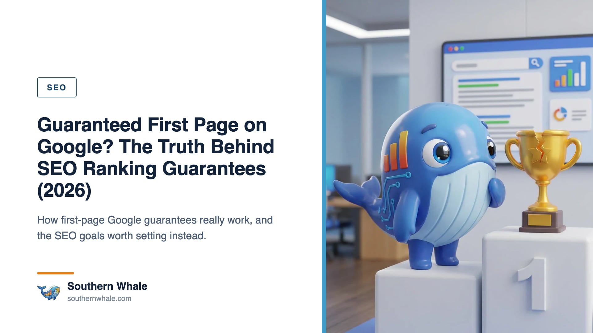 Southern Whale mascot inspecting a 'guaranteed first page on Google' advert on screen with a magnifying glass, beside a whiteboard showing realistic goal charts