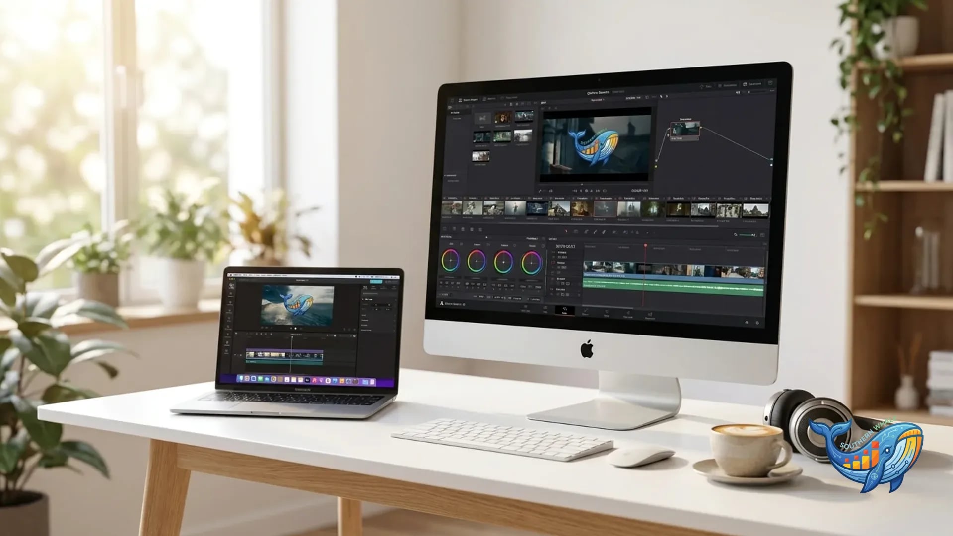 หน้าจอ Timeline ของโปรแกรมตัดต่อวิดีโอ PC แสดง Multi-track Editing พร้อม Color Grading Panel