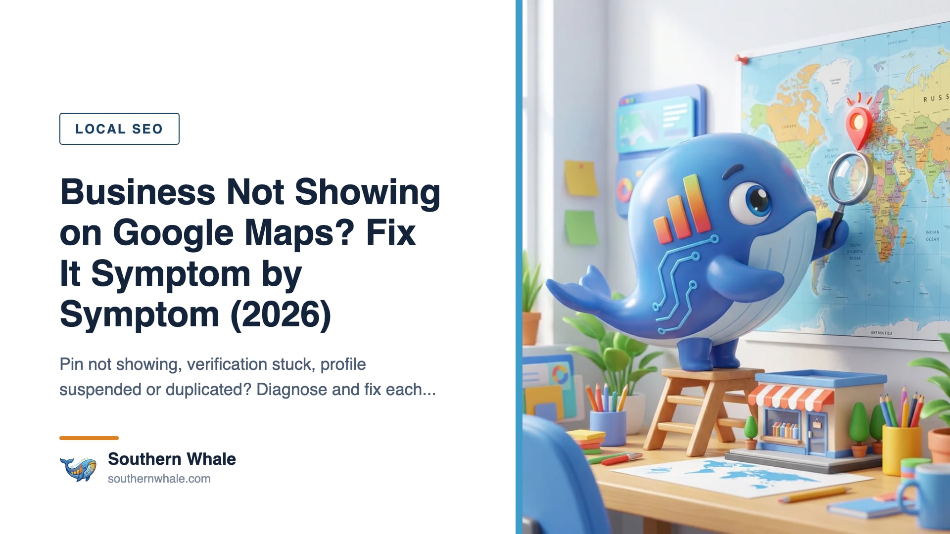 Cute whale mascot holding a magnifying glass over a red map pin on a phone screen, with a question mark and troubleshooting checklist