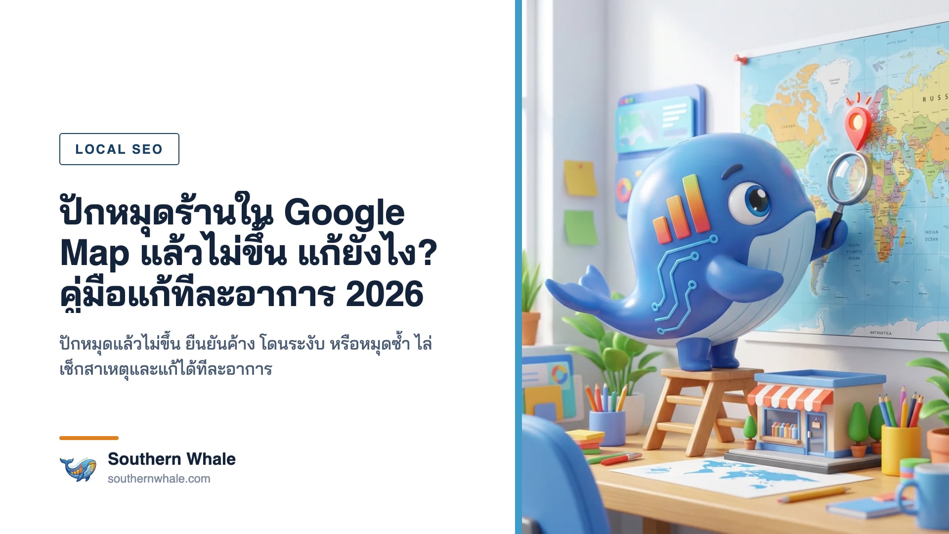 มาสคอตวาฬน่ารักถือแว่นขยายส่องหมุดแผนที่สีแดงบนจอมือถือ ข้างกันมีเครื่องหมายคำถามและเช็กลิสต์แก้ปัญหา