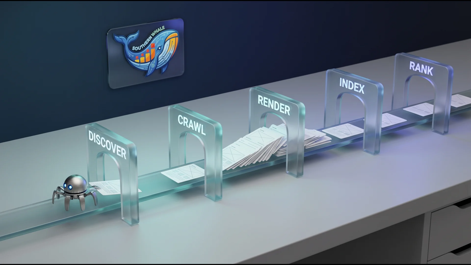 สายพานแก้วพาการ์ดหน้าเว็บผ่านประตู DISCOVER, CRAWL, RENDER, INDEX, RANK โดยมีการ์ดต่อคิวรออยู่หน้าประตูหนึ่ง