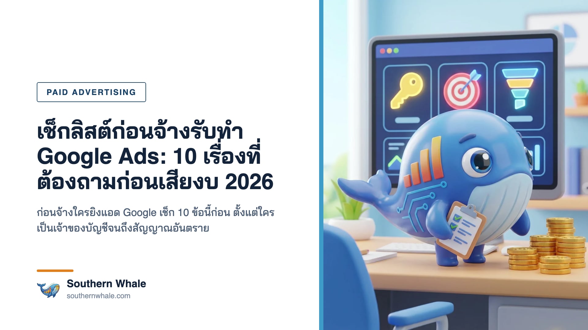 มาสคอตวาฬ Southern Whale ถือเช็กลิสต์ยาวตรวจแดชบอร์ดโฆษณาบนจอใหญ่ที่มีกราฟและเครื่องหมายถูก ในสำนักงานทันสมัย