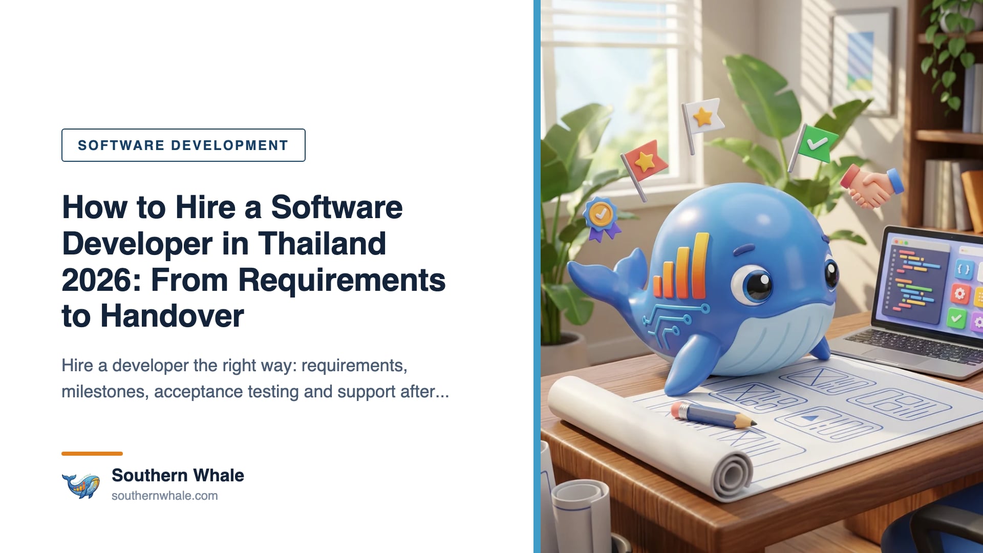 Southern Whale mascot pointing at a whiteboard with a phased software development plan, next to a code screen and requirements documents on a modern meeting table