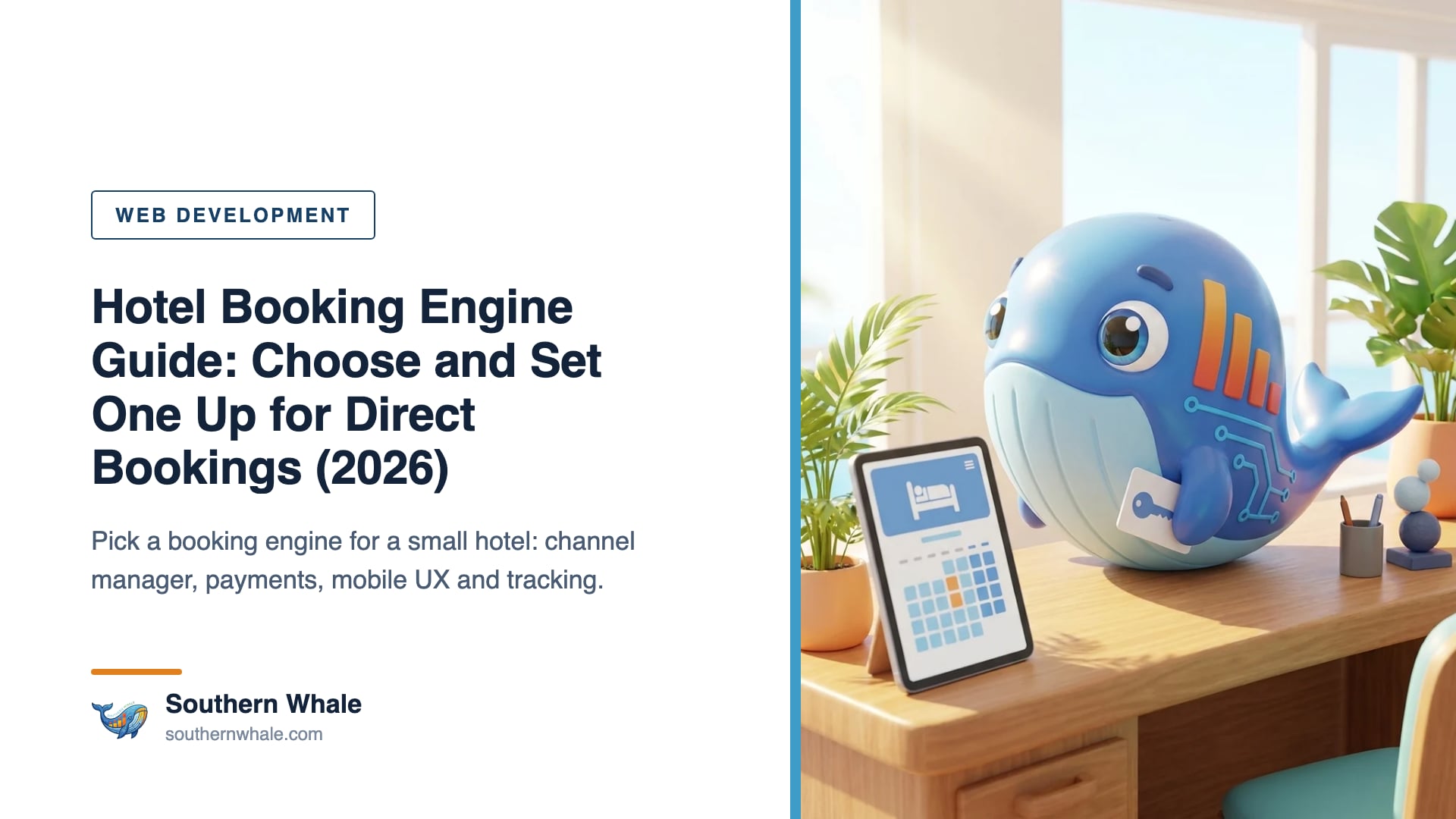 Cute whale mascot beside a large phone showing a check-in date calendar and a Book Now button, with a beachfront resort in the background