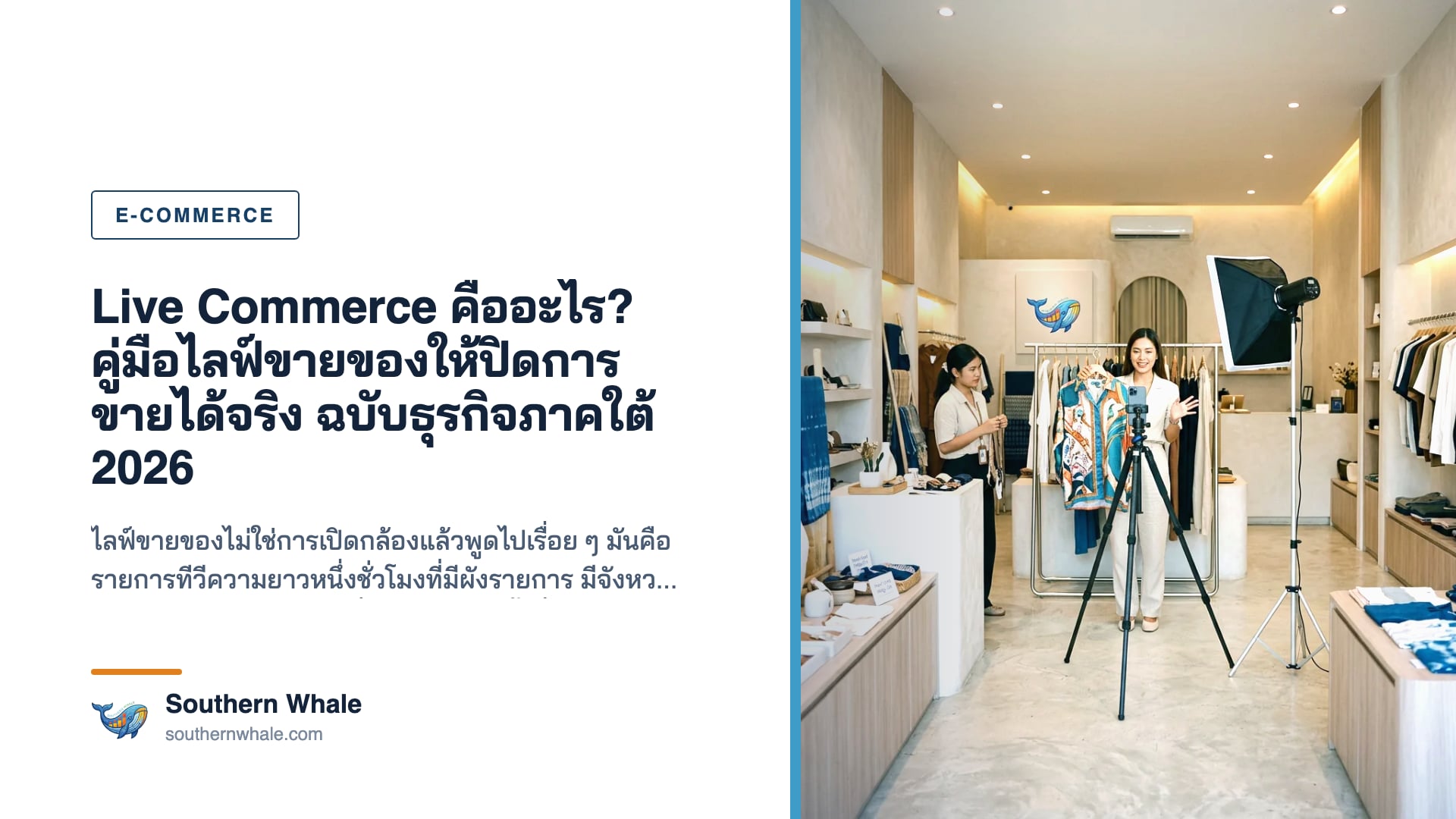 ผู้ประกอบการ SME ภาคใต้กำลังไลฟ์ขายสินค้าผ่านมือถือพร้อมไฟวงแหวนและสินค้าจัดวางบนโต๊ะ