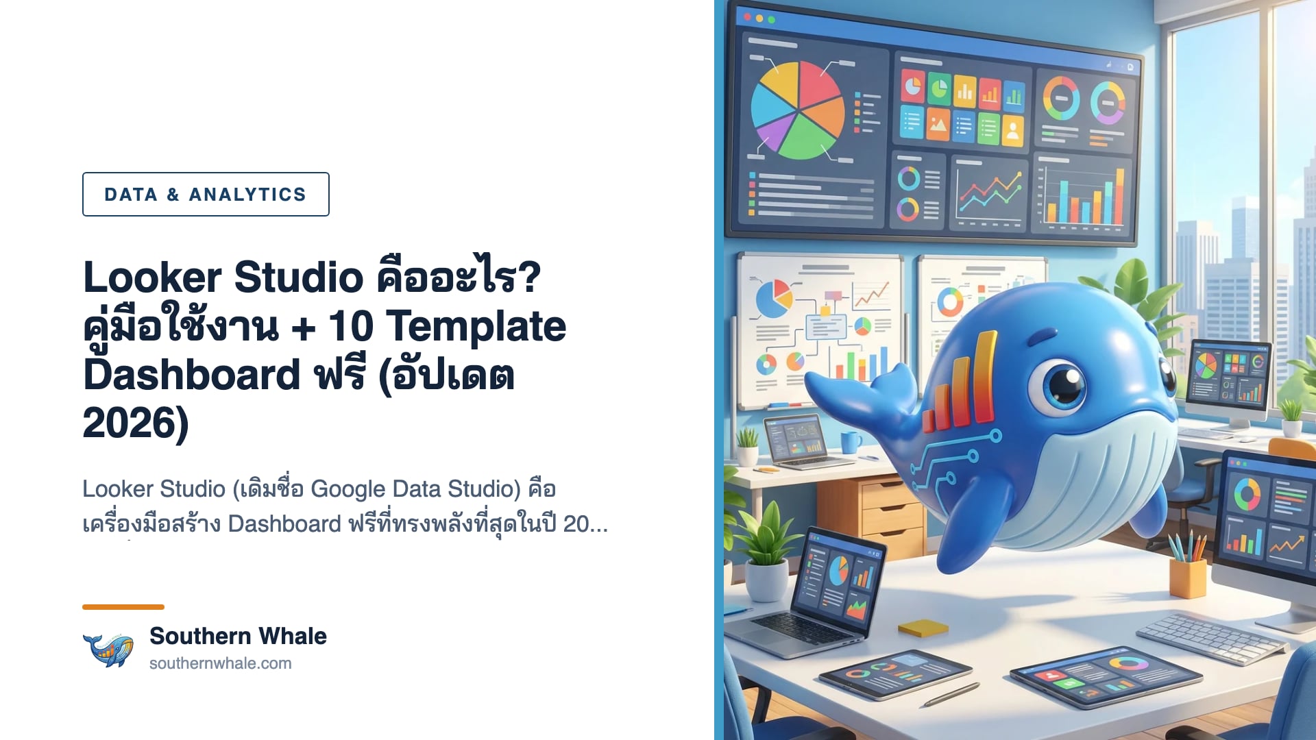 Looker Studio dashboard interface แสดง report SEO + Marketing บนหน้าจอ