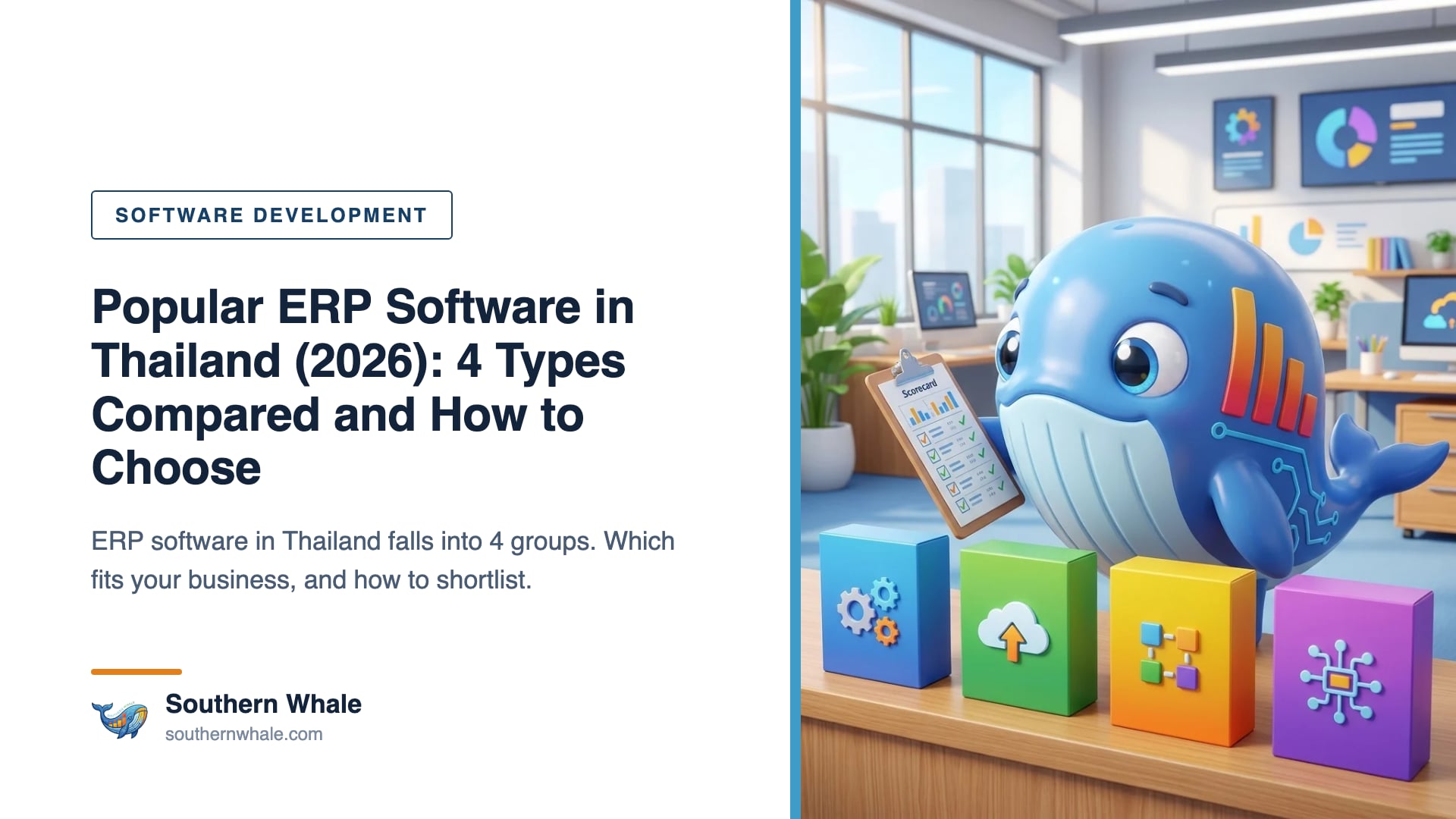 Southern Whale mascot beside a board comparing four groups of ERP software, with accounting, inventory and sales dashboards in a modern office