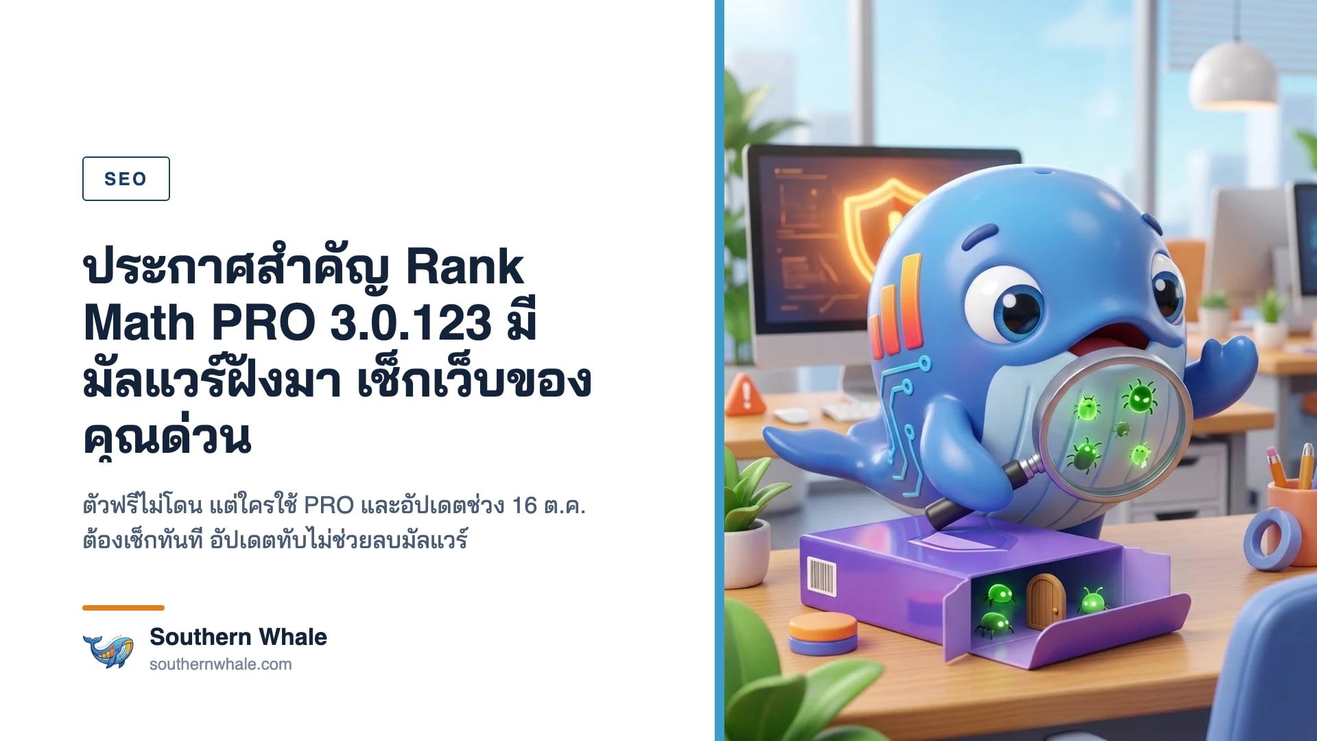 มาสคอตวาฬ Southern Whale ถือแว่นขยายตรวจกล่องปลั๊กอินที่มีแมลงไวรัสเรืองแสงซ่อนอยู่ ข้างจอที่แสดงไฟเตือนสีส้ม ในออฟฟิศสว่าง