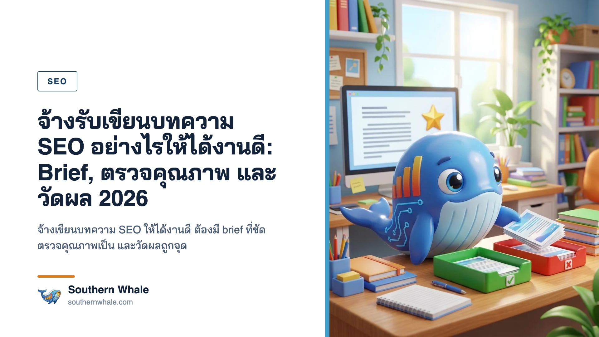 มาสคอตวาฬ Southern Whale ถือคลิปบอร์ดเช็กลิสต์ ตรวจบทความบนจอคอมพิวเตอร์ที่มีหัวข้อและเครื่องหมายถูก ในห้องทำงานทันสมัย