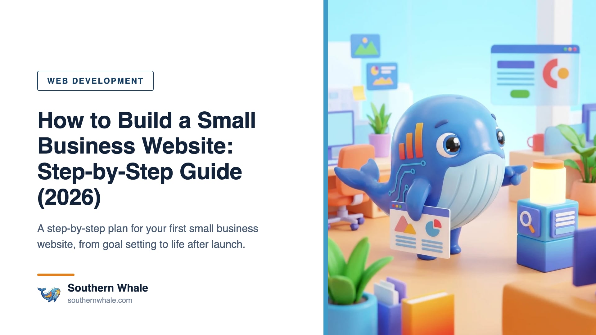 Cute whale mascot climbing a staircase of steps with icons for goals, sitemap, content, domain and a website launch rocket