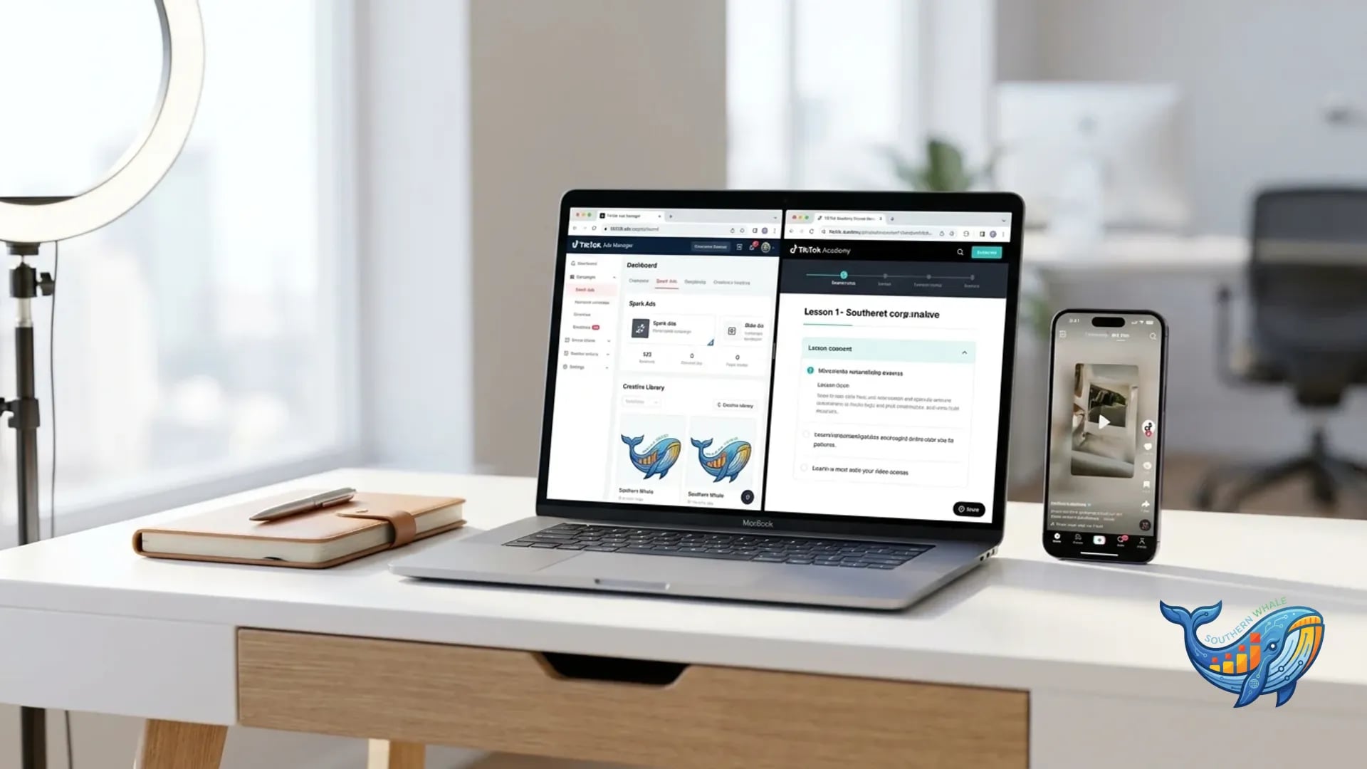 TikTok Ads Manager dashboard แสดง Spark Ads + creative library