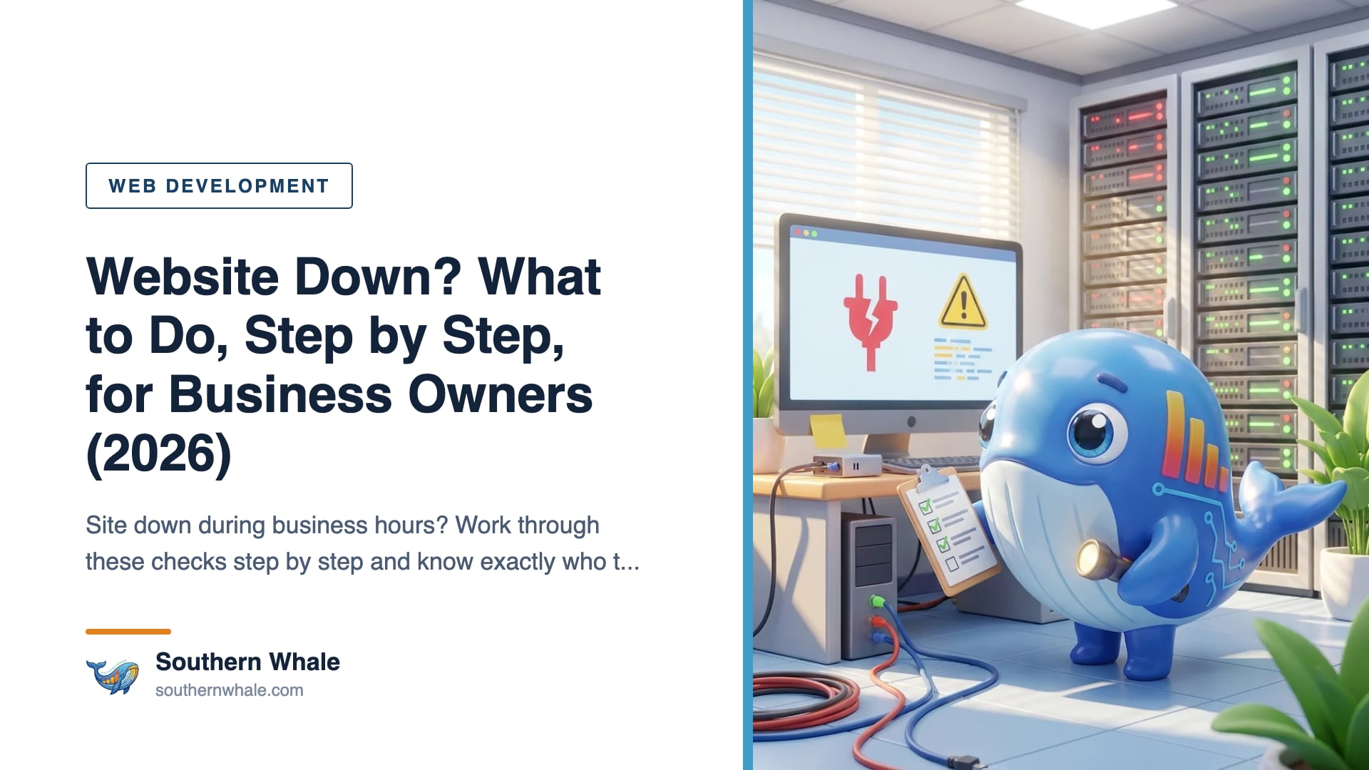 Cute whale mascot in a hard hat holding a screwdriver, repairing a server next to a screen showing a site-down message in a modern office