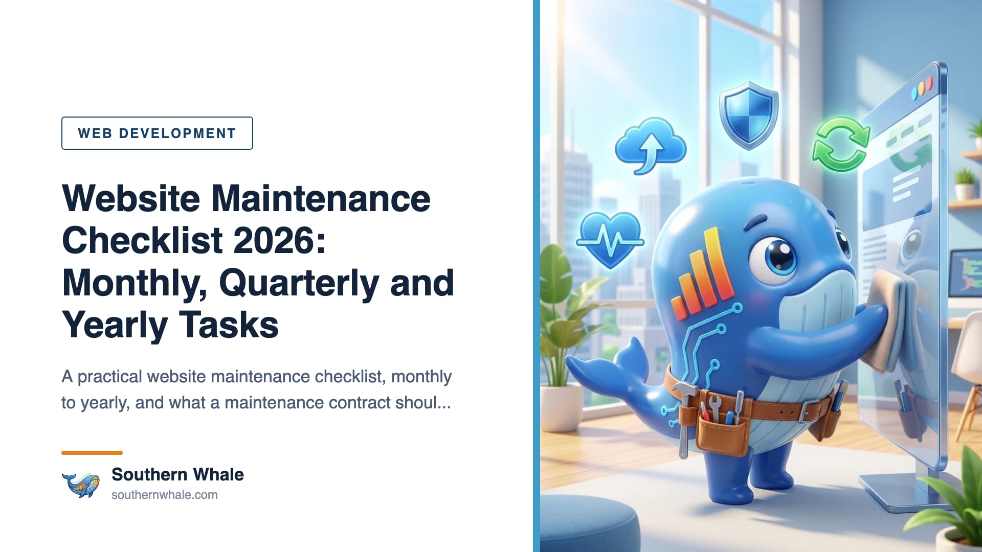 Cute whale mascot holding a checklist clipboard beside a website maintenance dashboard with backup, update and security shield icons