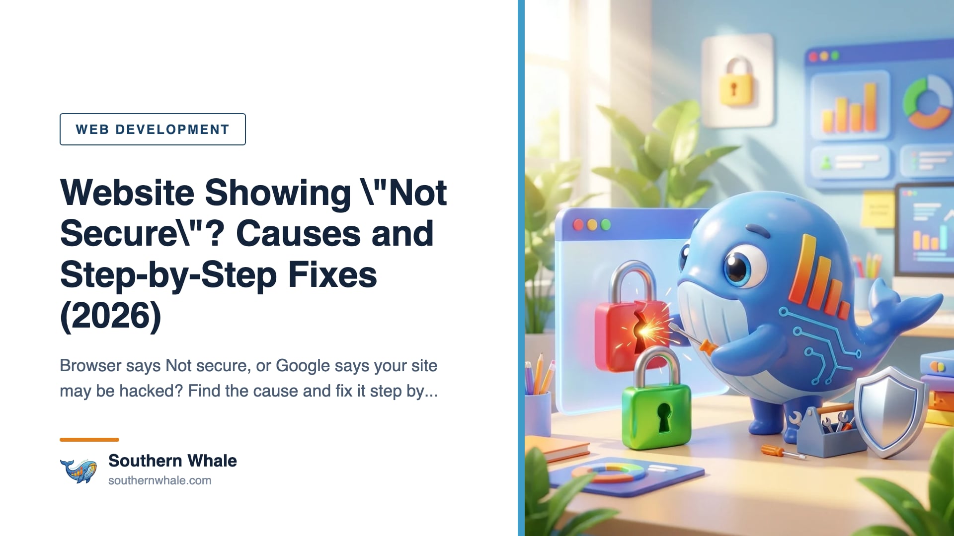 Cute whale mascot holding a shield and key, repairing a browser address bar that says Not secure into a green padlock