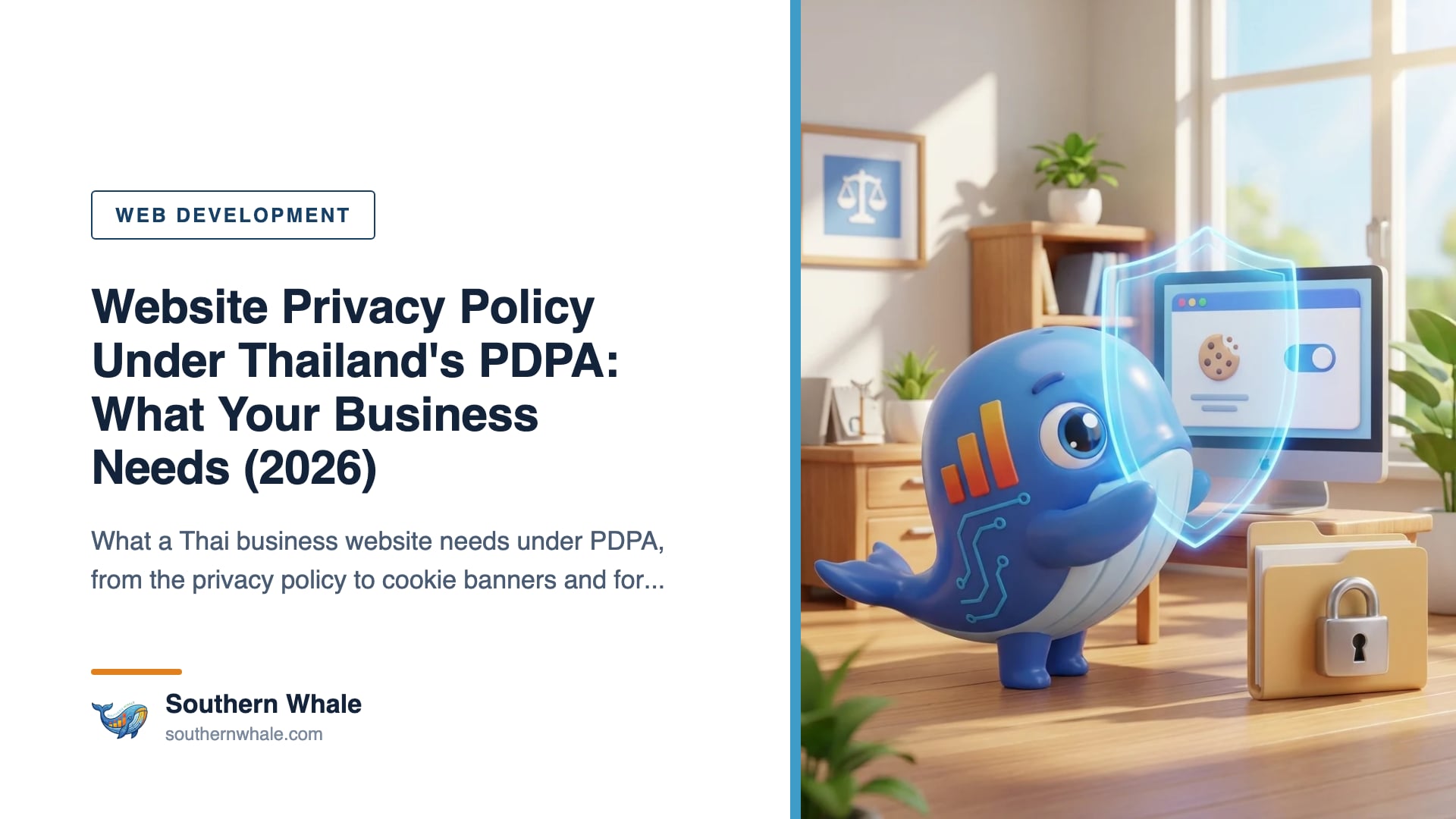 Cute whale mascot holding a padlock shield beside a website screen with a cookie banner and privacy policy document in a modern office
