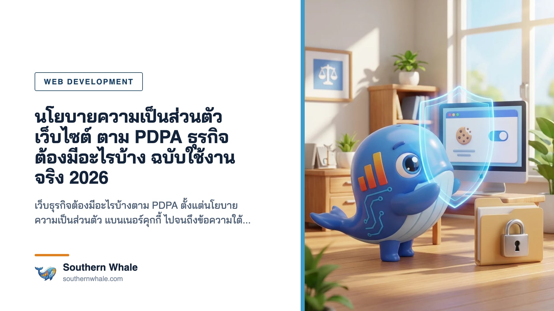 มาสคอตวาฬน่ารักถือโล่รูปแม่กุญแจ ยืนข้างจอเว็บไซต์ที่มีแบนเนอร์คุกกี้และเอกสารนโยบายความเป็นส่วนตัว ในสำนักงานทันสมัย