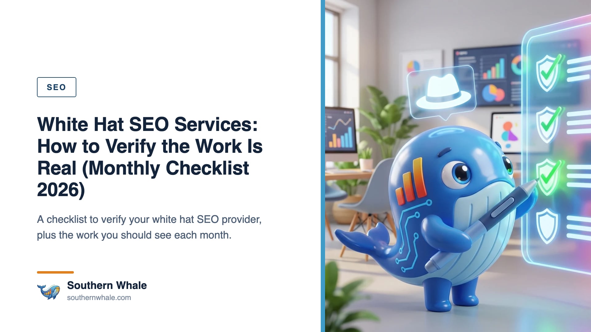 Southern Whale mascot wearing a white hat and holding a checklist in front of a screen showing a monthly SEO work calendar in a bright modern office