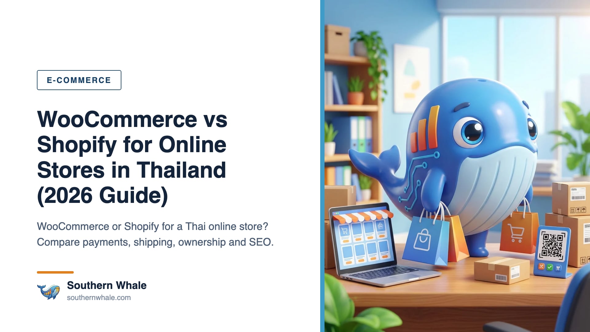 Cute whale mascot standing between two online store screens, WooCommerce on one side and Shopify on the other, with parcels and payment icons