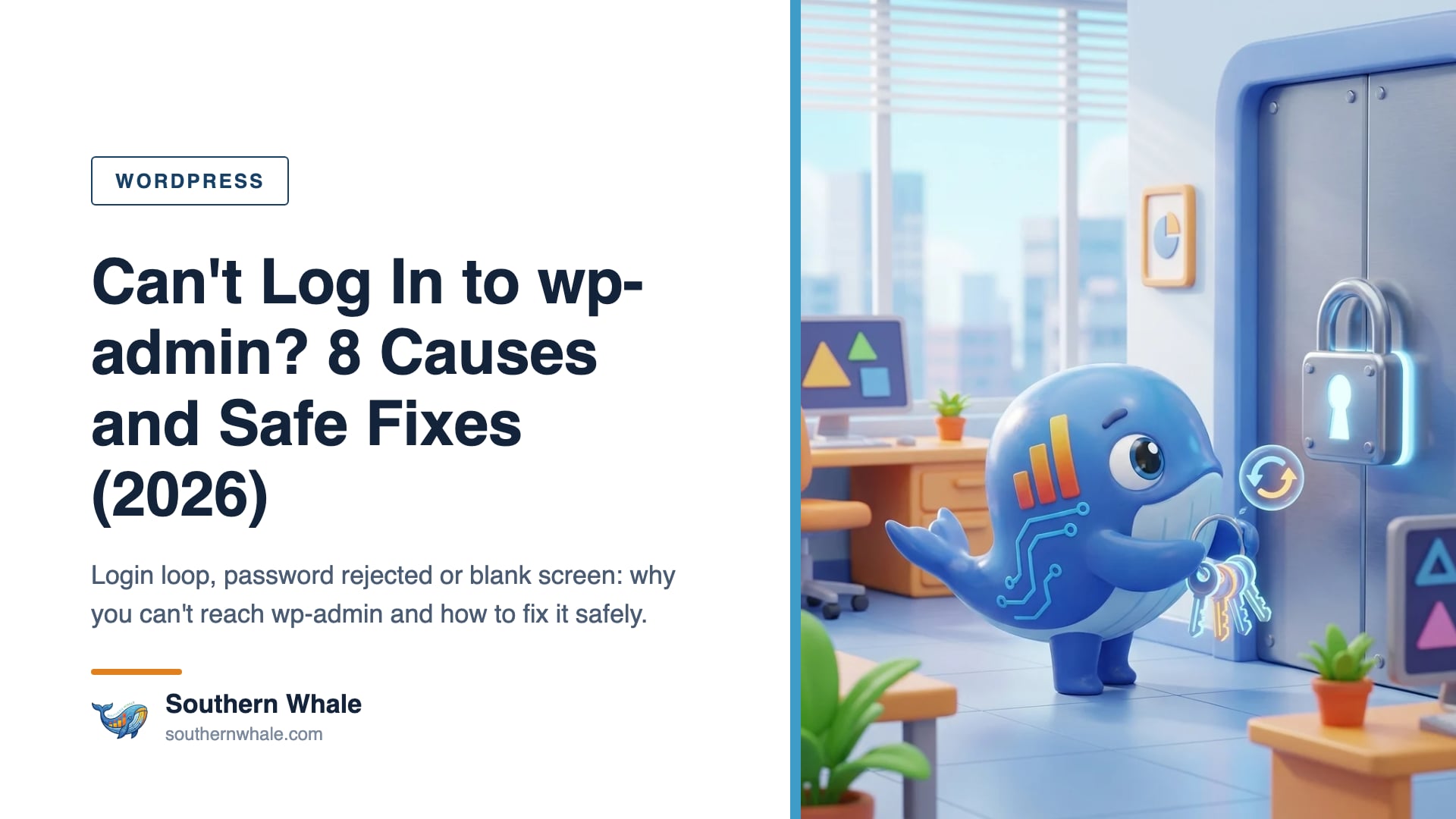 Southern Whale mascot holding a giant key in front of a digital door with a WordPress login screen, padlock icons and looping arrows