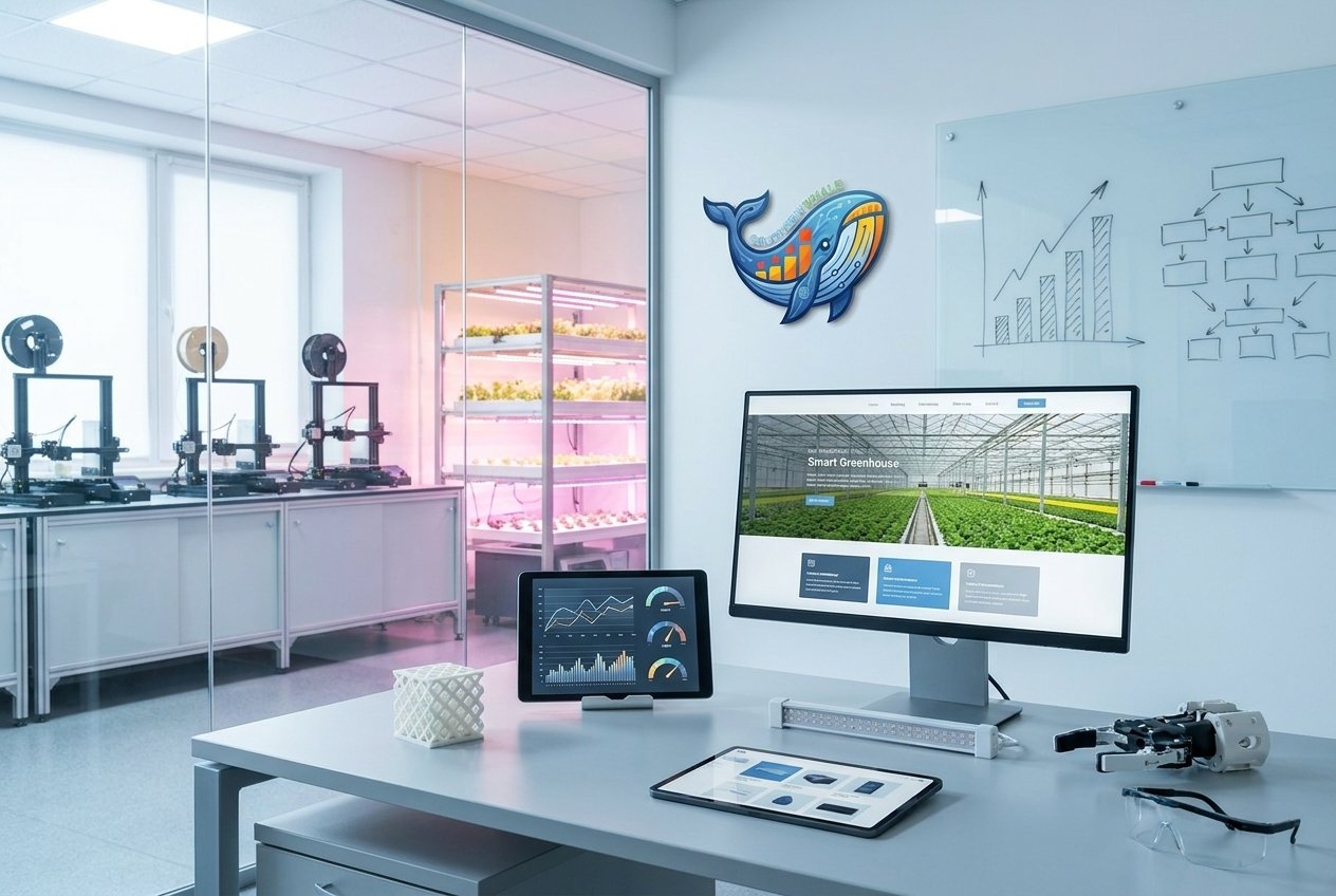 Illustration of an agricultural technology and robotics company website on a desktop monitor, tablet and phone, with a whiteboard showing a trend chart