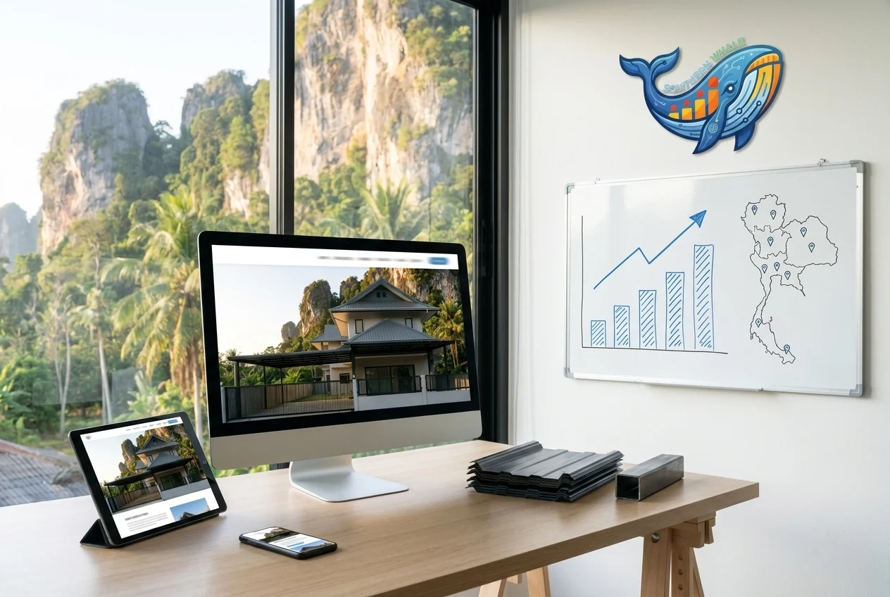 Illustration of a Krabi home extension contractor website on a computer screen, tablet and mobile phone