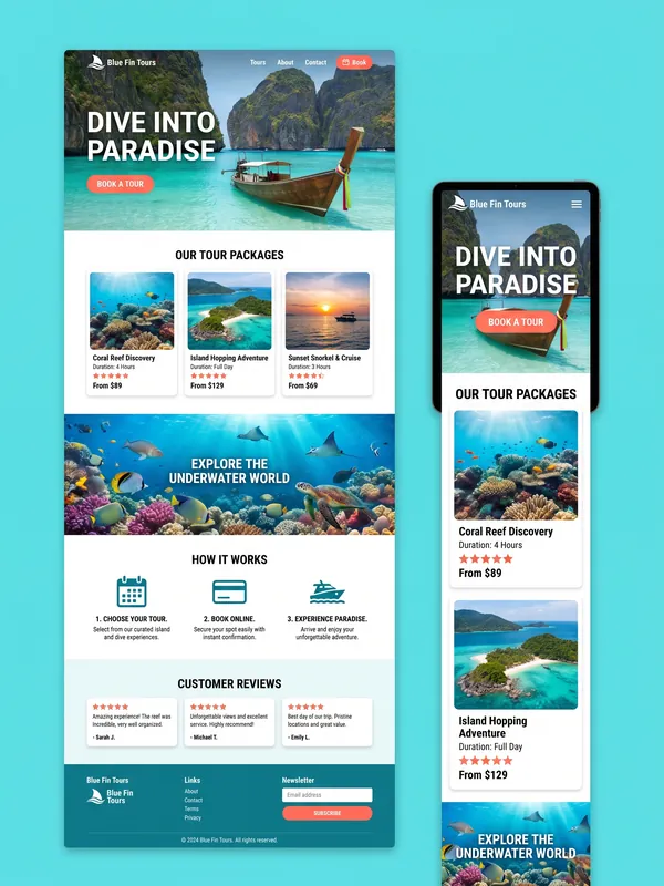 Sample website design: Tours & diving