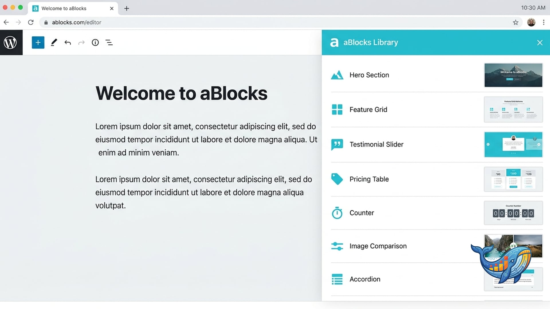 aBlocks Gutenberg blocks plugin for WordPress Block Editor admin interface — Southern Whale lifetime license activation service