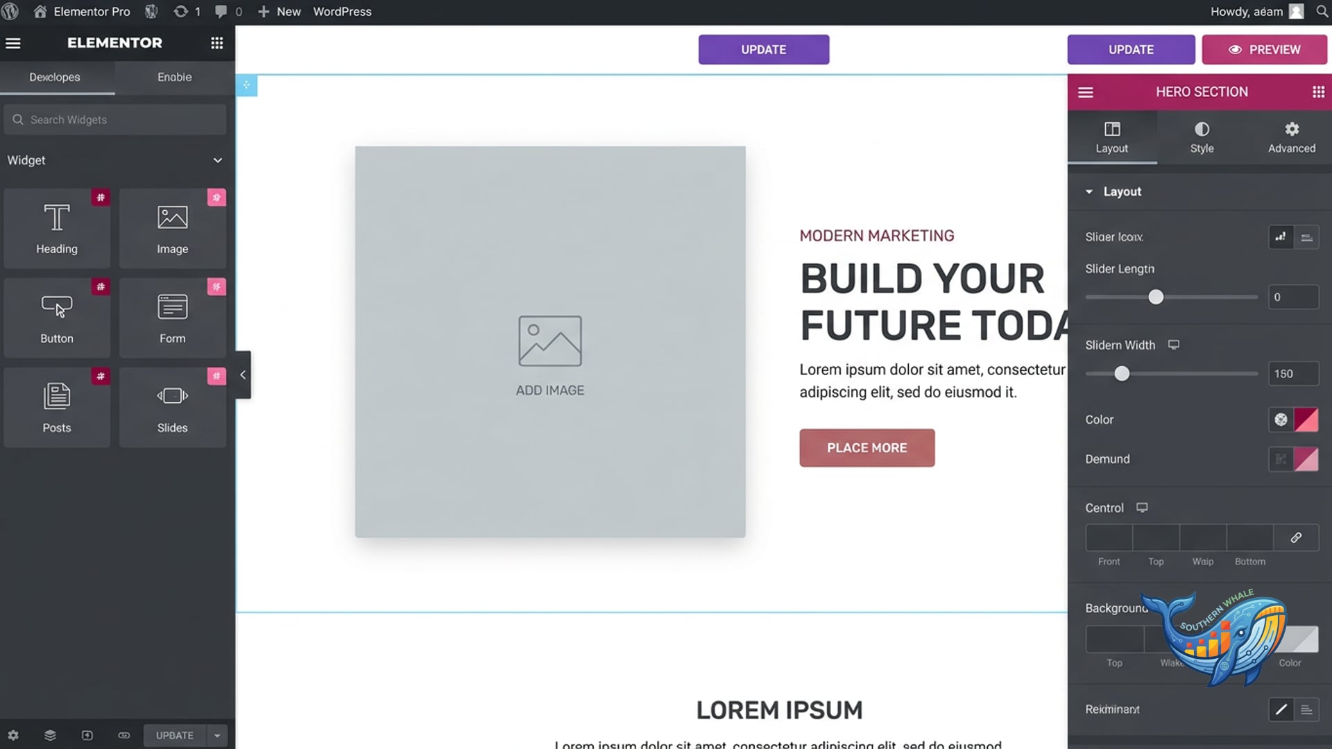 Elementor Pro WordPress page builder visual editor interface — Southern Whale license activation service