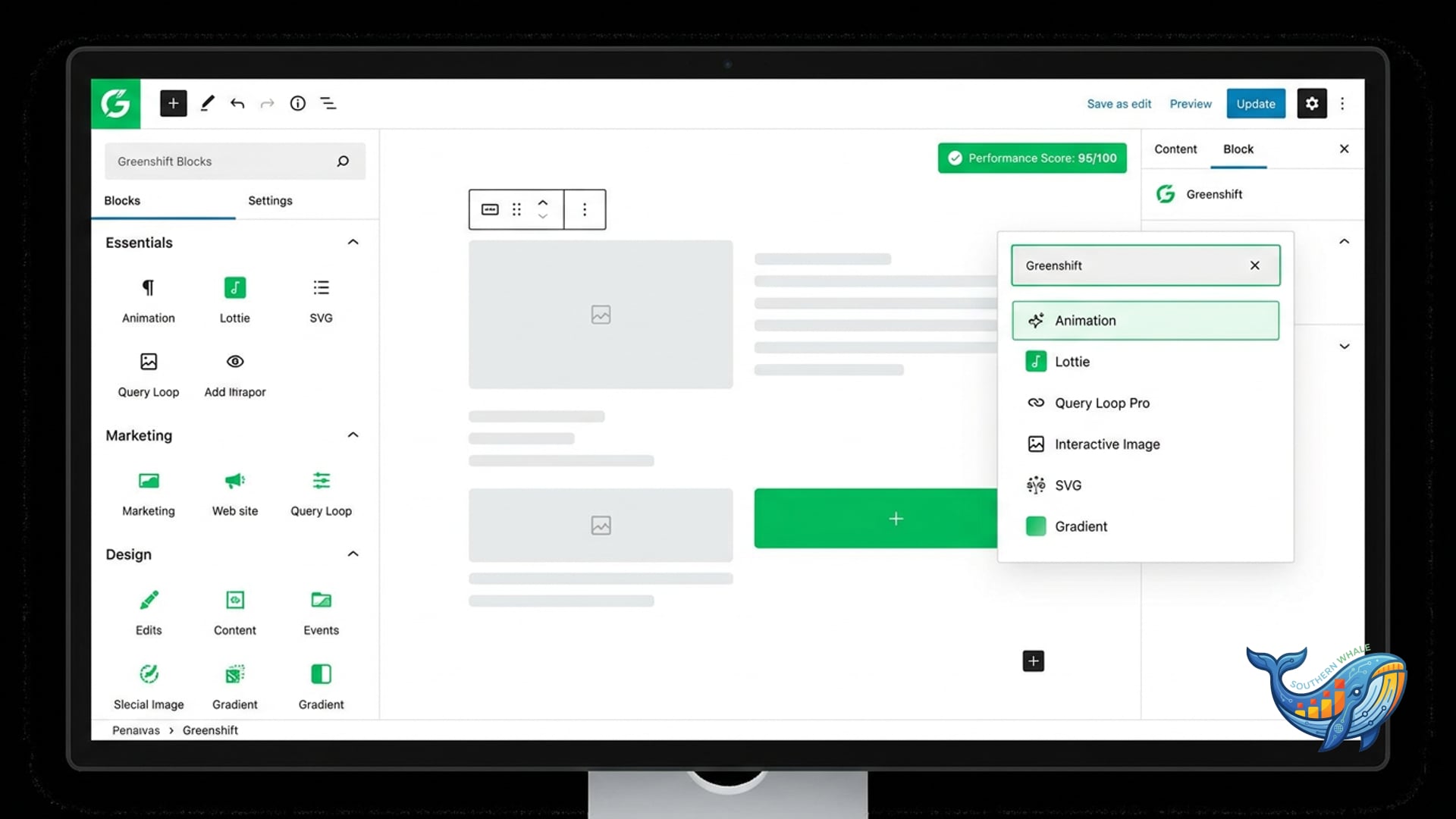 Greenshift WordPress Gutenberg blocks builder animation performance review and lifetime license activation by Southern Whale