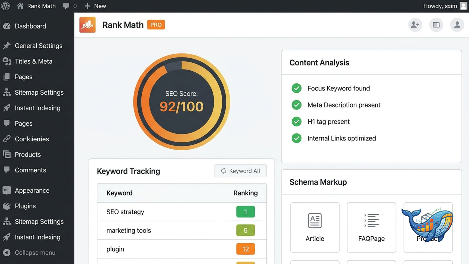 Rank Math PRO WordPress SEO plugin schema rank tracker content AI review and yearly license activation by Southern Whale