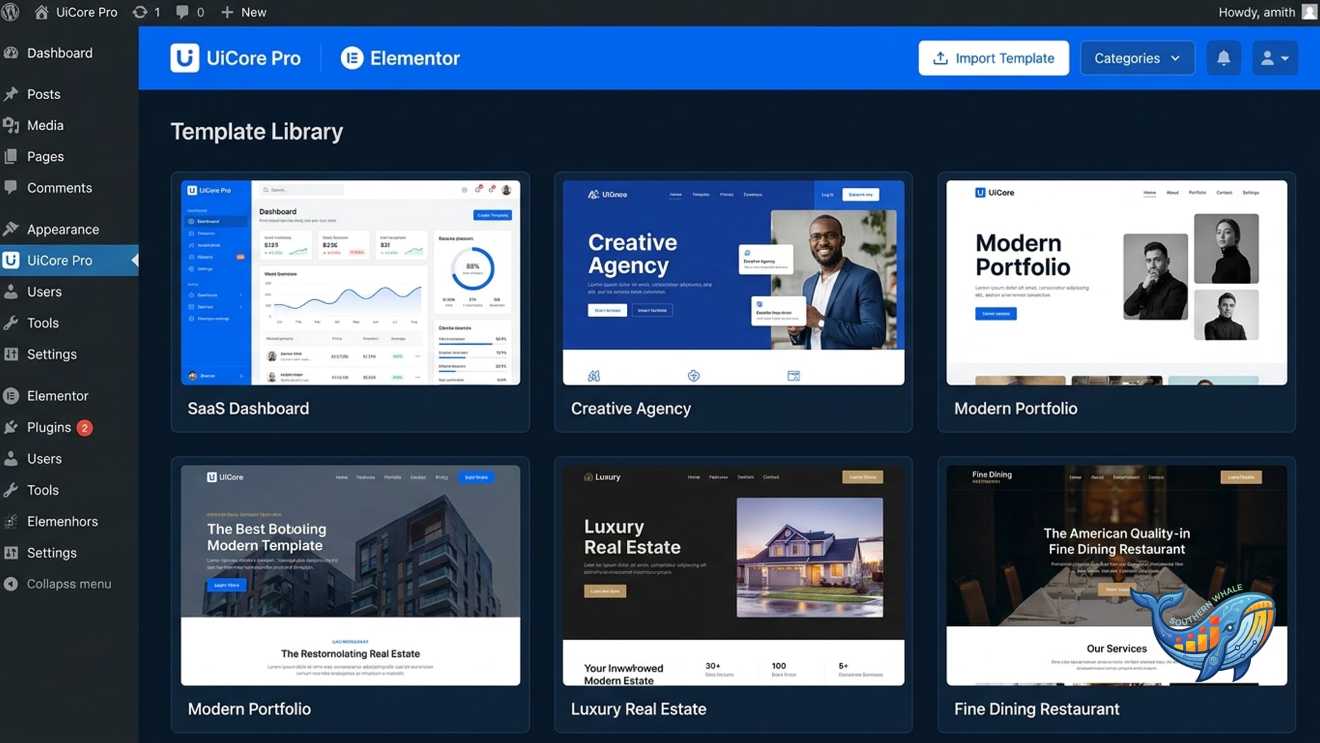 UiCore Pro WordPress theme framework Elementor review and lifetime license activation by Southern Whale