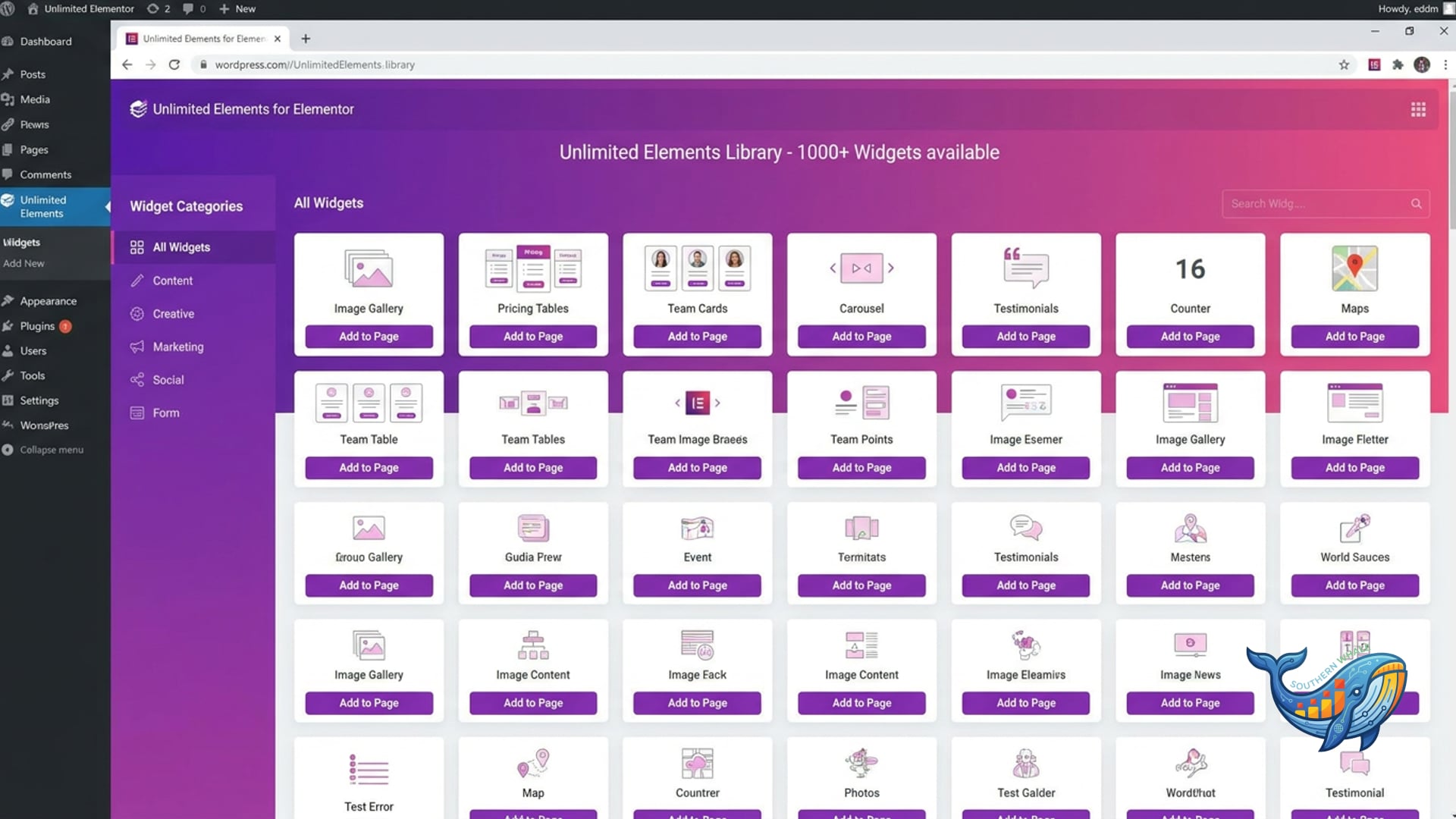 Unlimited Elements for Elementor 1000+ premium widgets and templates library admin interface — Southern Whale lifetime license activation service