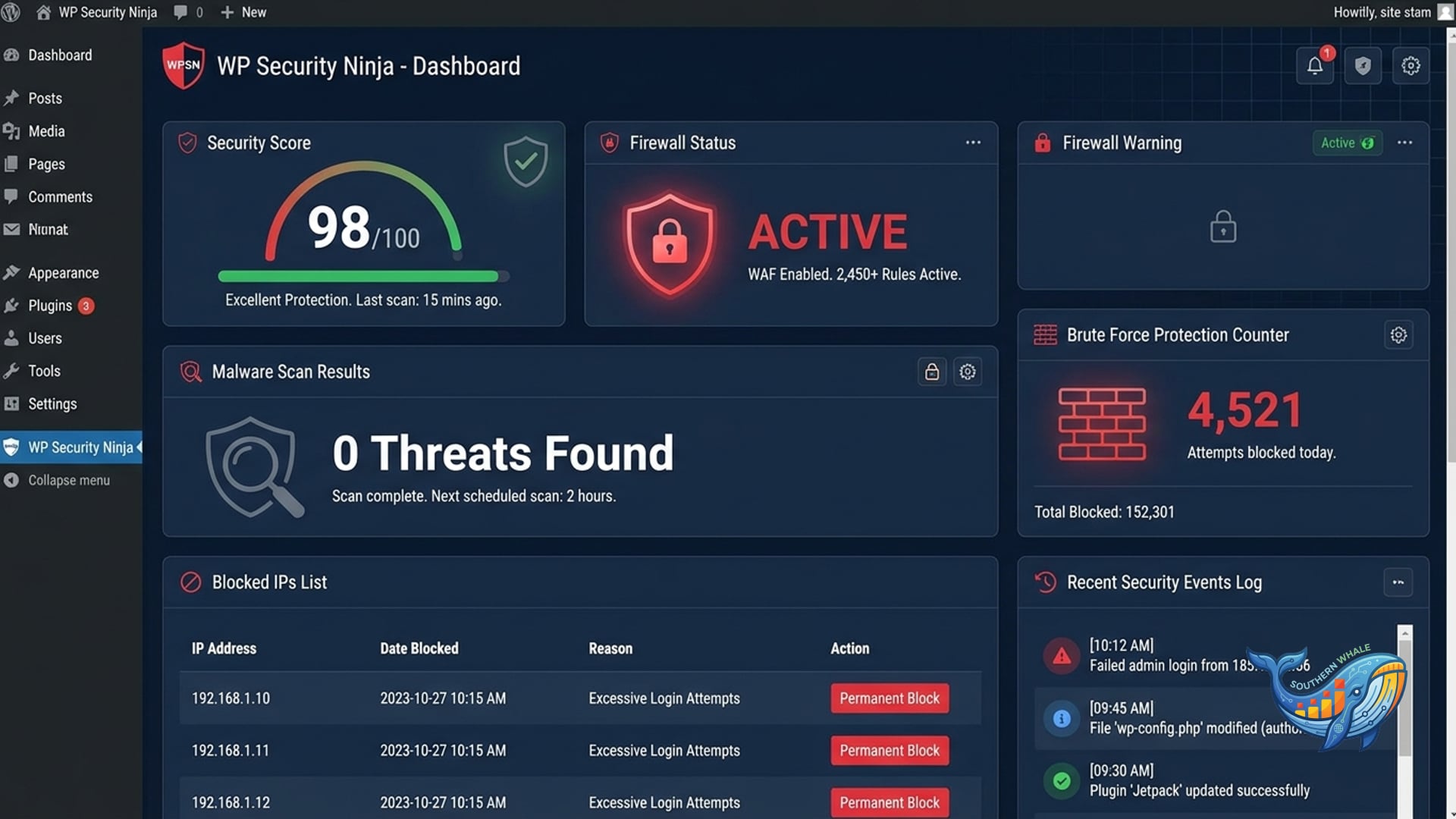 WP Security Ninja WordPress security plugin firewall malware scanner review and lifetime license activation by Southern Whale