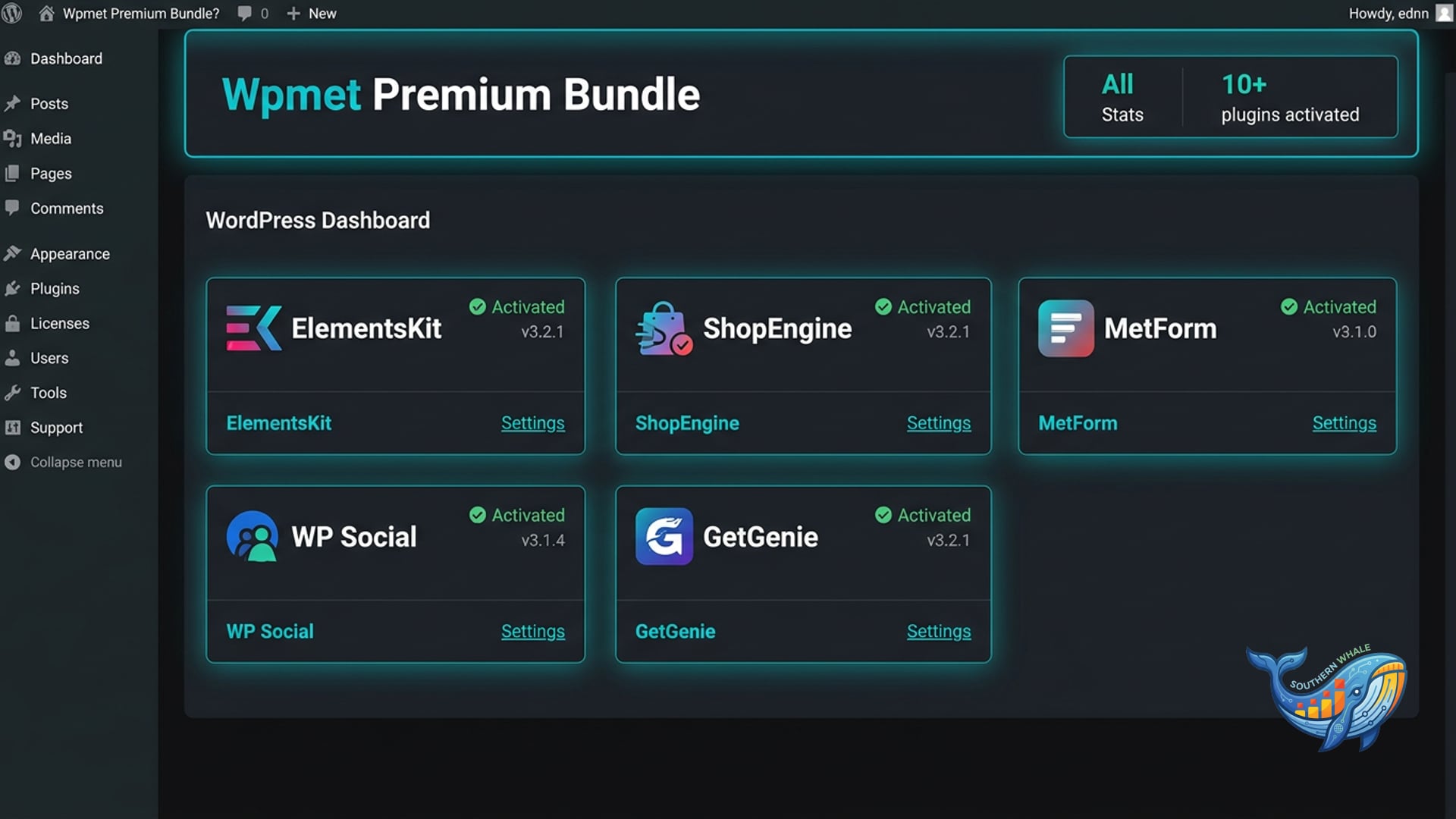 Wpmet All-in-One Bundle 10+ plugins ElementsKit ShopEngine MetForm GetGenie admin interface — Southern Whale lifetime license activation service