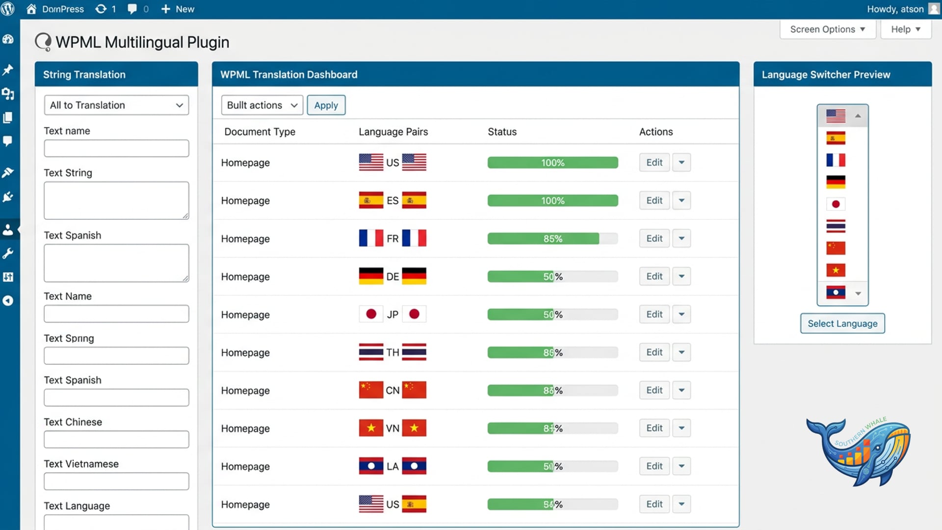 WPML multilingual WordPress plugin Thai English Chinese Russian translation review and lifetime license activation by Southern Whale